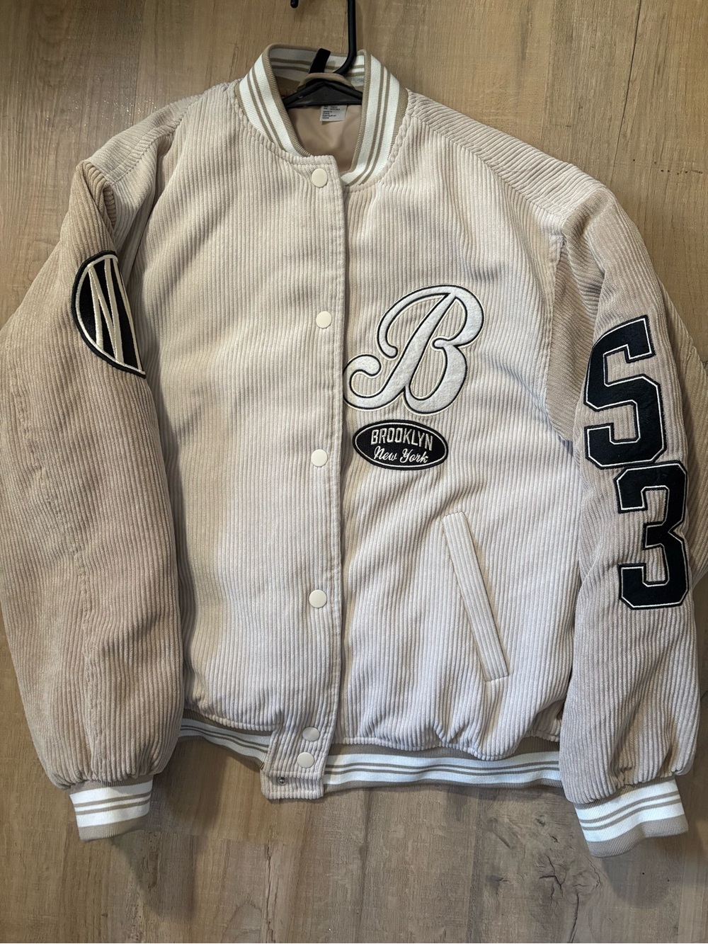 Beige Varsity Jacket with Brooklyn Patch
